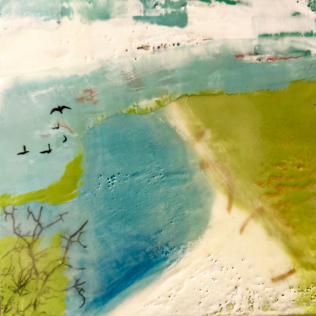 A serene landscape painting depicting a blue river with green banks, surrounded by abstract trees and birds flying in the sky.